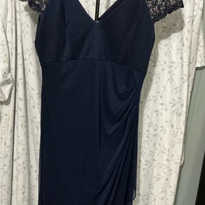 Elegant Navy Lace-Shoulder Dress